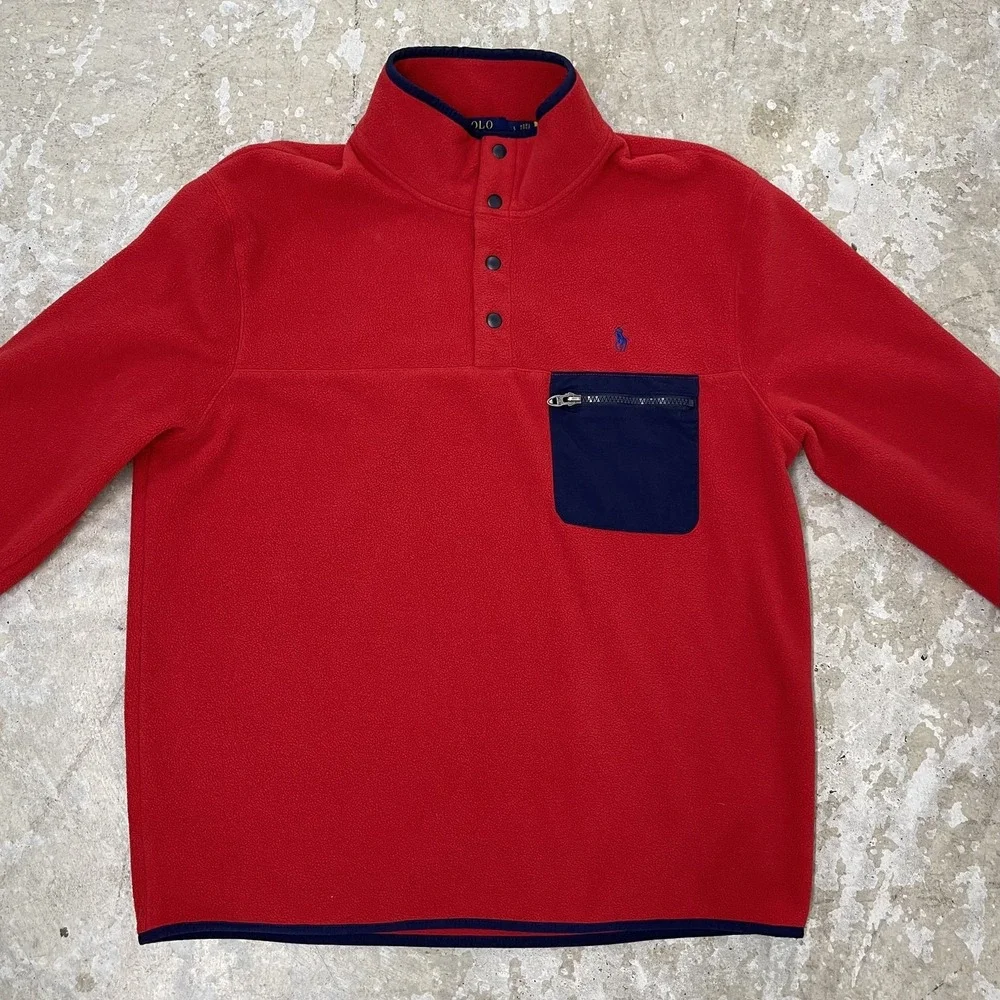 Polo Ralph Lauren Pullover Mens Large Red Fleece‎ Blue Pocket Snap Up Sweater